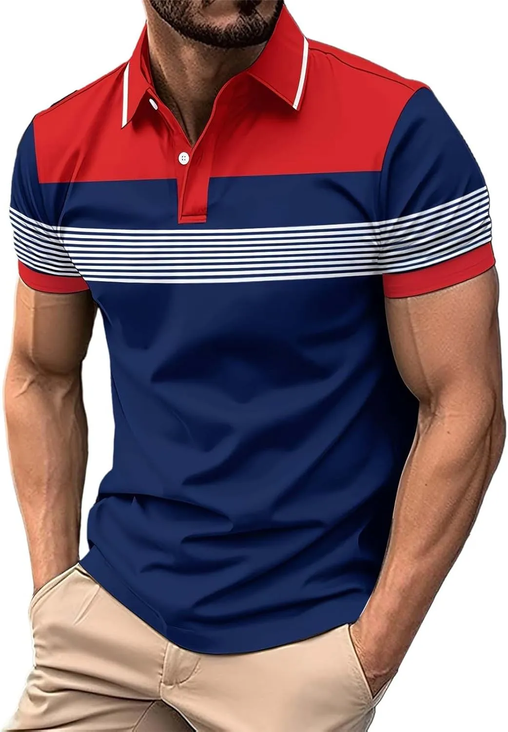 Mens Fashion Polo Shirts Casual Short Sleeve T Shirt Striped Moisture Wicking Golf Shirts Tops Spring Summer Pullover
