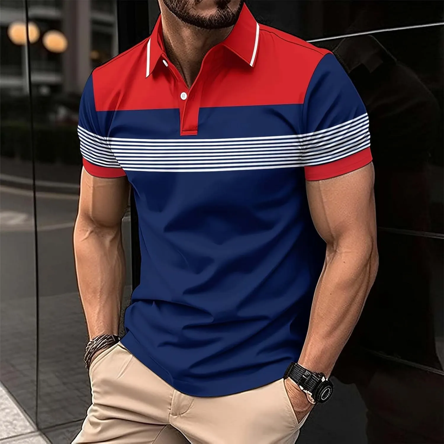 Mens Fashion Polo Shirts Casual Short Sleeve T Shirt Striped Moisture Wicking Golf Shirts Tops Spring Summer Pullover