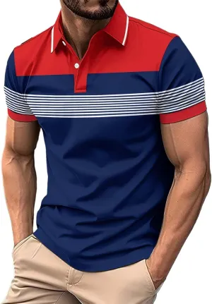 Mens Fashion Polo Shirts Casual Short Sleeve T Shirt Striped Moisture Wicking Golf Shirts Tops Spring Summer Pullover