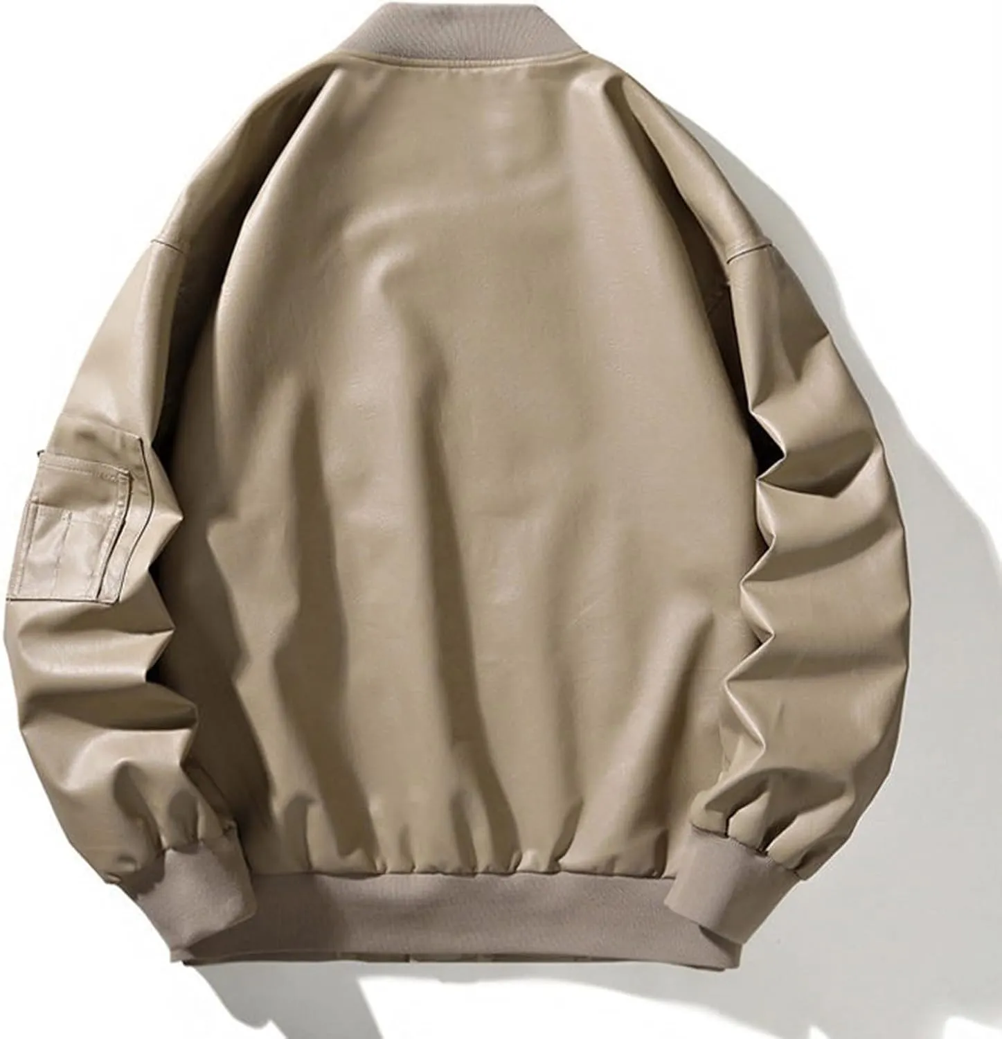 Mens Faux Leather Jacket Stand Collar Lined Motorcycle Bomber Coat Fall Winter Thermal Windbreaker with Elbow Pockets