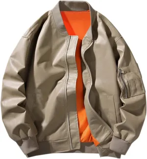 Mens Faux Leather Jacket Stand Collar Lined Motorcycle Bomber Coat Fall Winter Thermal Windbreaker with Elbow Pockets