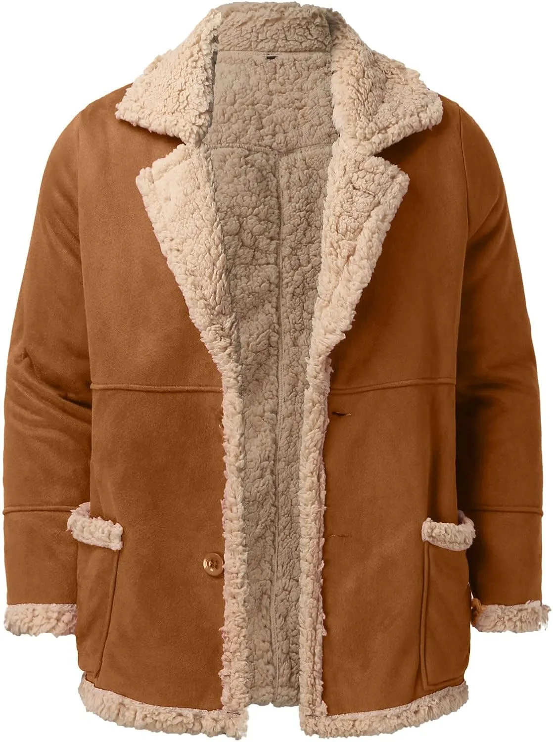 Mens Faux Suede Jacket Fur Collar Fleece Lined Winter Warm Coat Lapel Collar Button Down Motorcycle Bomber Jacket
