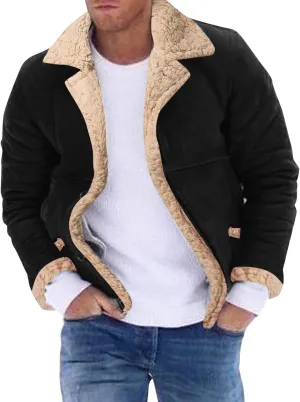 Mens Faux Suede Jacket Fur Collar Fleece Lined Winter Warm Coat Lapel Collar Button Down Motorcycle Bomber Jacket