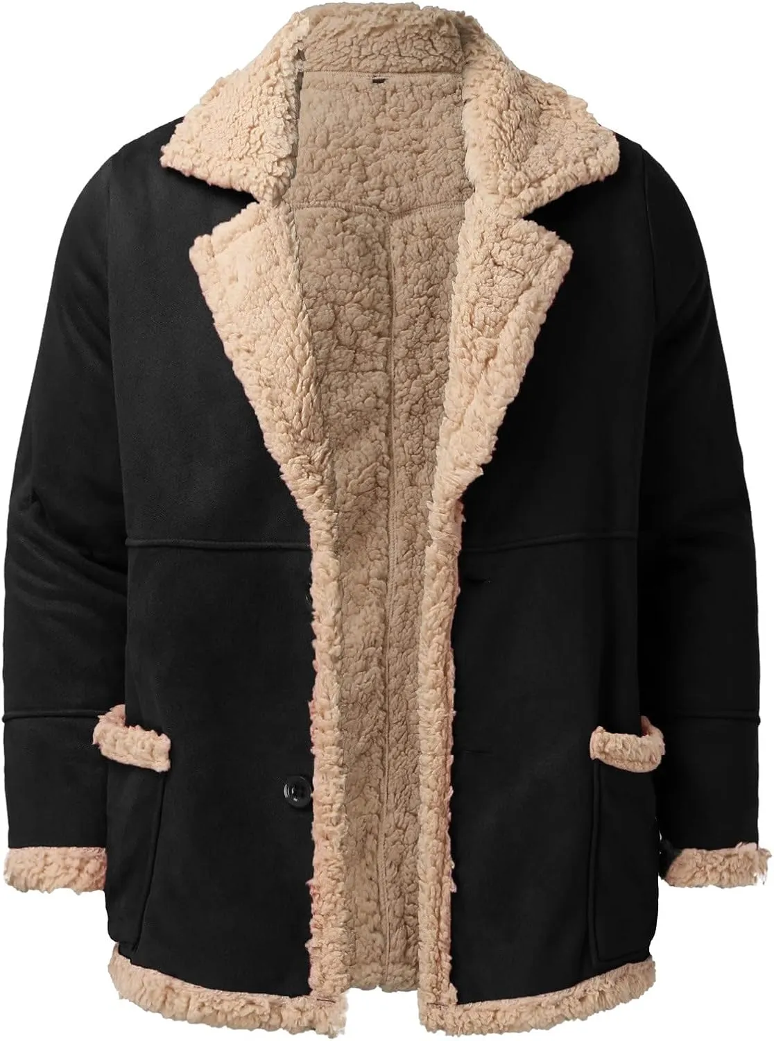 Mens Faux Suede Jacket Fur Collar Fleece Lined Winter Warm Coat Lapel Collar Button Down Motorcycle Bomber Jacket