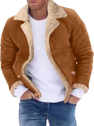 Mens Faux Suede Jacket Fur Collar Fleece Lined Winter Warm Coat Lapel Collar Button Down Motorcycle Bomber Jacket