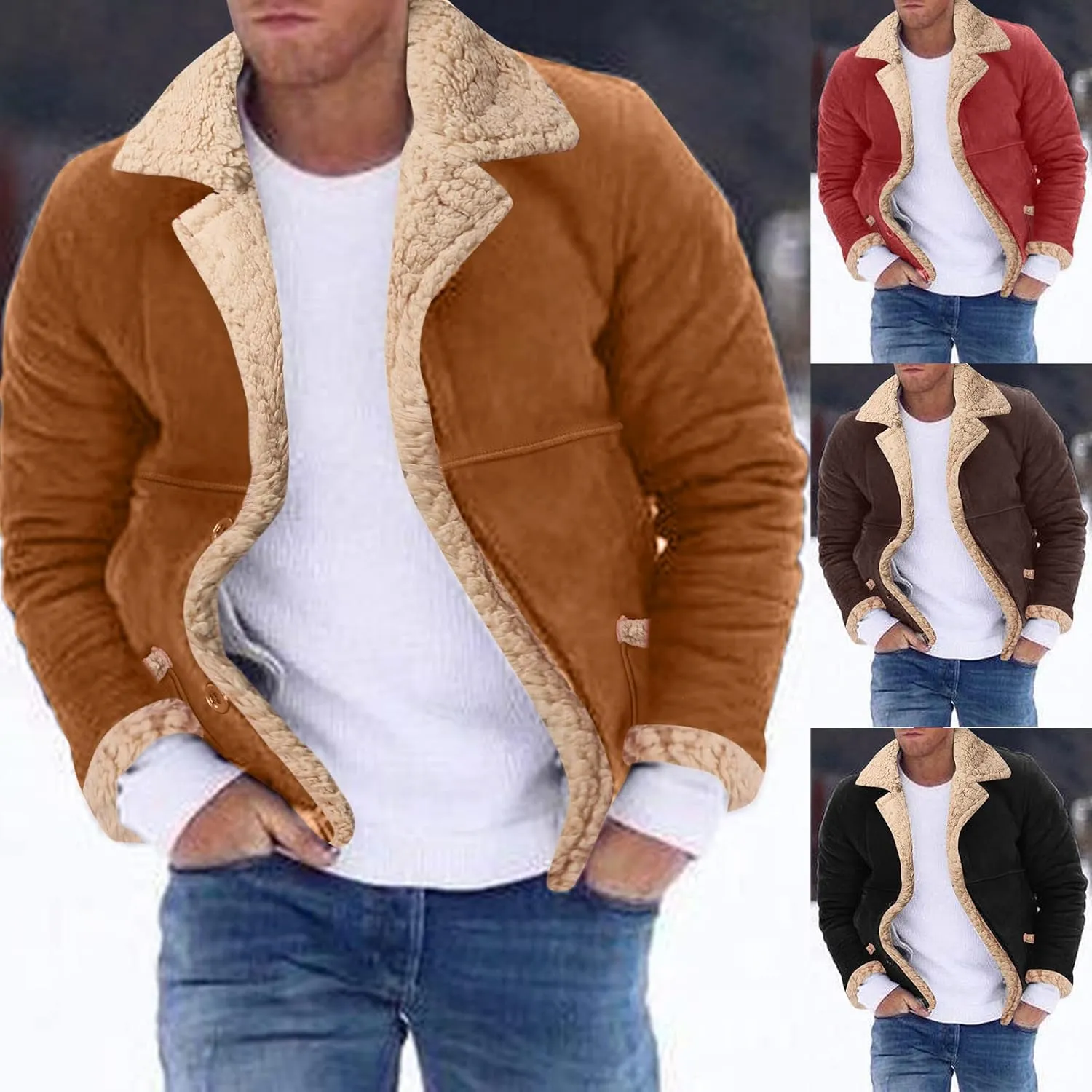 Mens Faux Suede Jacket Fur Collar Fleece Lined Winter Warm Coat Lapel Collar Button Down Motorcycle Bomber Jacket