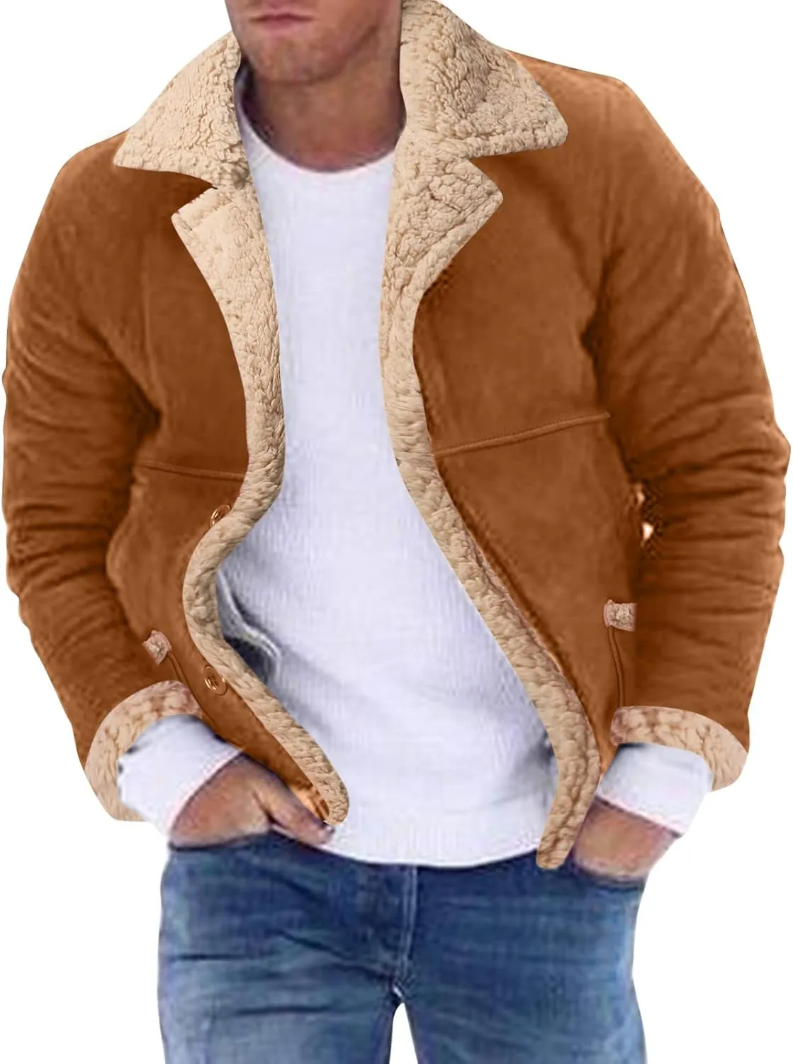 Mens Faux Suede Jacket Fur Collar Fleece Lined Winter Warm Coat Lapel Collar Button Down Motorcycle Bomber Jacket