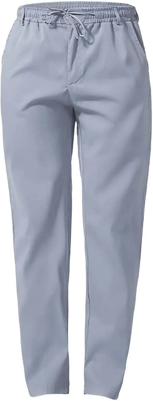 Mens Flat Front Linen Cotton Pants Casual Loose Beach Yoga Lounge Pants Elastic Waist Straight Leg Chino Trousers