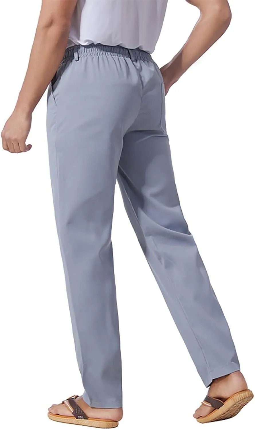 Mens Flat Front Linen Cotton Pants Casual Loose Beach Yoga Lounge Pants Elastic Waist Straight Leg Chino Trousers