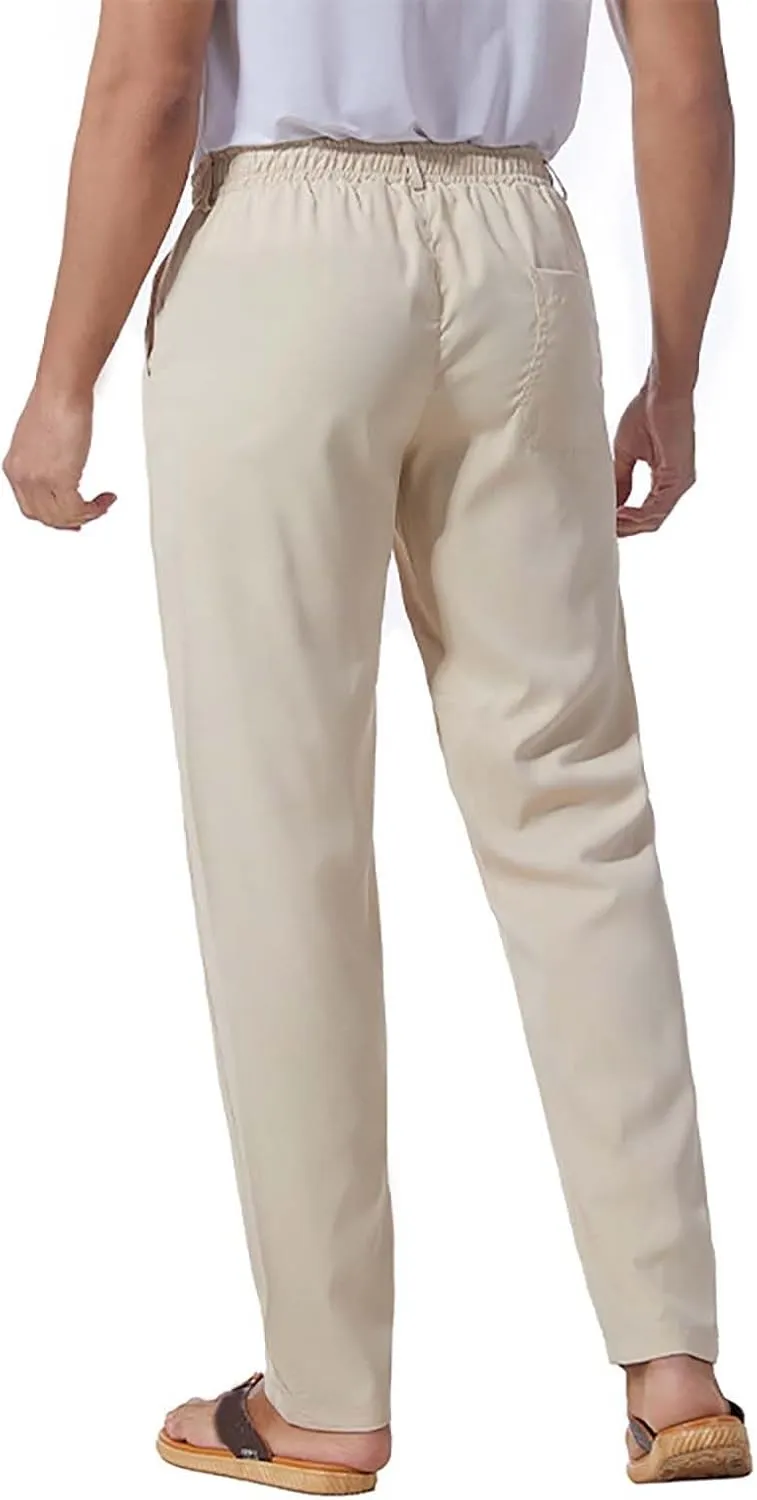 Mens Flat Front Linen Cotton Pants Casual Loose Beach Yoga Lounge Pants Elastic Waist Straight Leg Chino Trousers