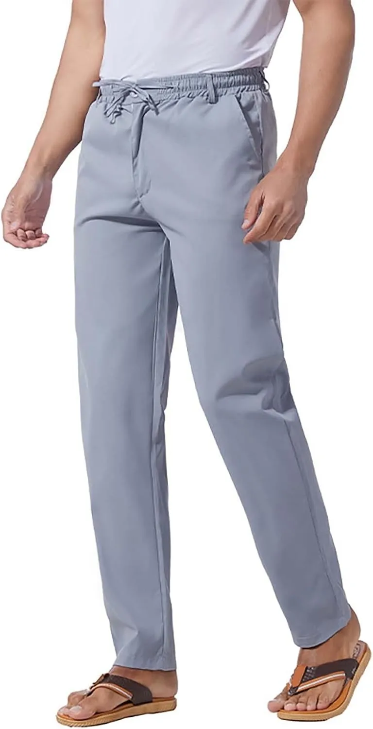 Mens Flat Front Linen Cotton Pants Casual Loose Beach Yoga Lounge Pants Elastic Waist Straight Leg Chino Trousers