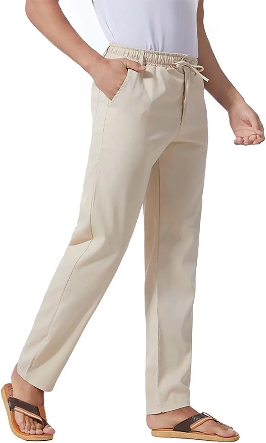 Mens Flat Front Linen Cotton Pants Casual Loose Beach Yoga Lounge Pants Elastic Waist Straight Leg Chino Trousers
