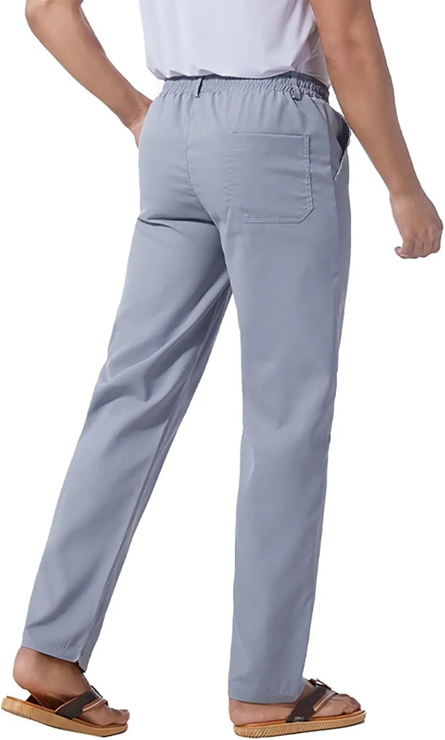 Mens Flat Front Linen Cotton Pants Casual Loose Beach Yoga Lounge Pants Elastic Waist Straight Leg Chino Trousers
