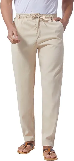 Mens Flat Front Linen Cotton Pants Casual Loose Beach Yoga Lounge Pants Elastic Waist Straight Leg Chino Trousers