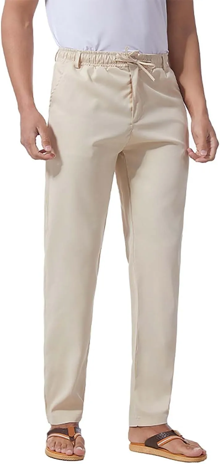 Mens Flat Front Linen Cotton Pants Casual Loose Beach Yoga Lounge Pants Elastic Waist Straight Leg Chino Trousers