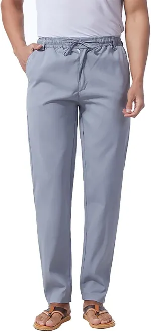 Mens Flat Front Linen Cotton Pants Casual Loose Beach Yoga Lounge Pants Elastic Waist Straight Leg Chino Trousers