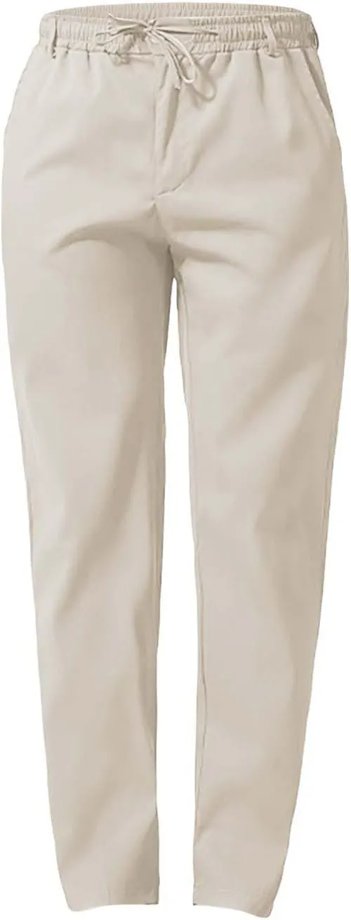 Mens Flat Front Linen Cotton Pants Casual Loose Beach Yoga Lounge Pants Elastic Waist Straight Leg Chino Trousers