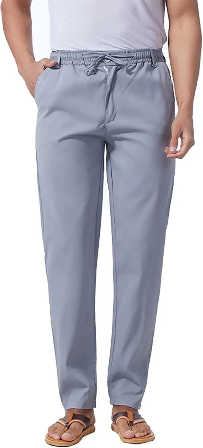 Mens Flat Front Linen Cotton Pants Casual Loose Beach Yoga Lounge Pants Elastic Waist Straight Leg Chino Trousers