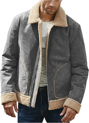 Mens Fleece Lined Jackets Retro Suede Bomber Jacket Zip Long Sleeve Warm Winter Overcoats Sherpa Faux Leather Trucker Jackets