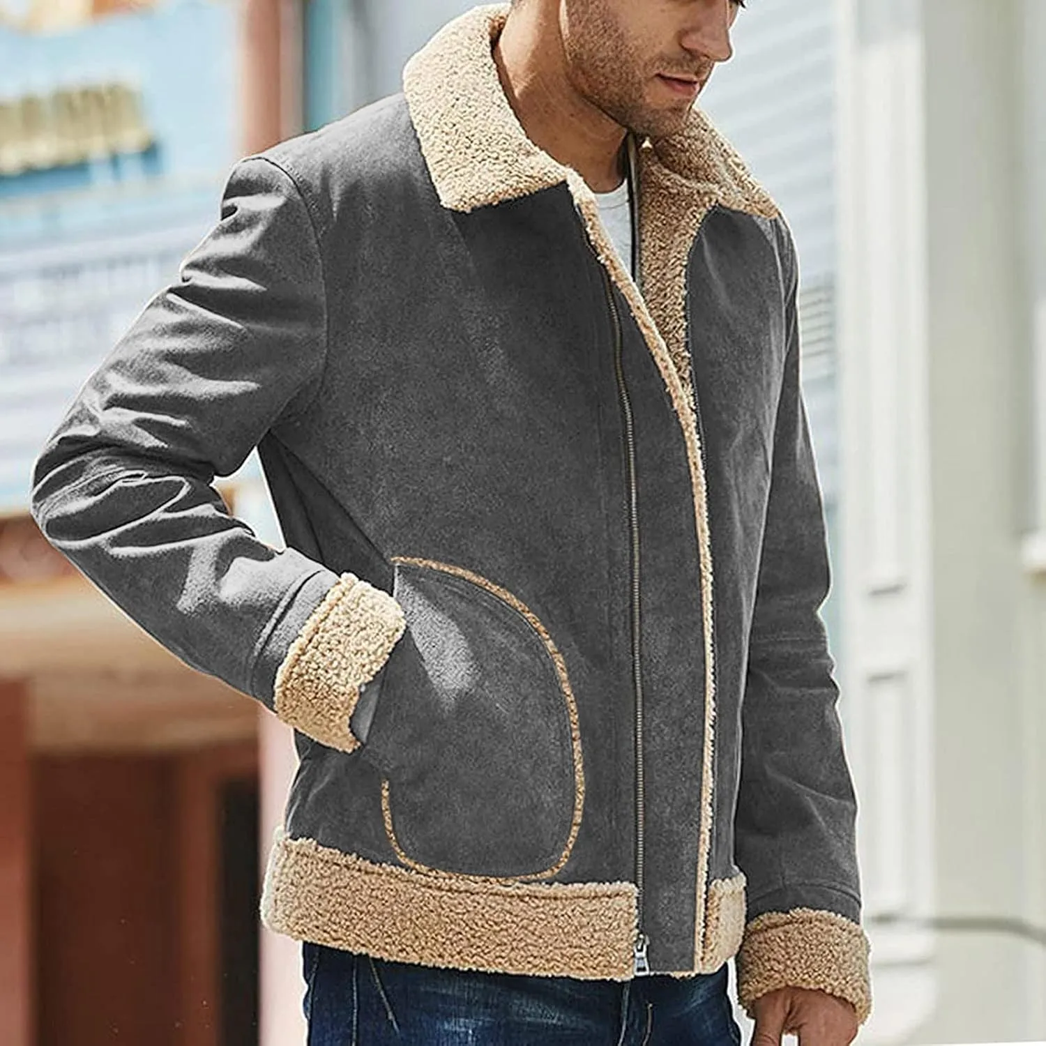 Mens Fleece Lined Jackets Retro Suede Bomber Jacket Zip Long Sleeve Warm Winter Overcoats Sherpa Faux Leather Trucker Jackets