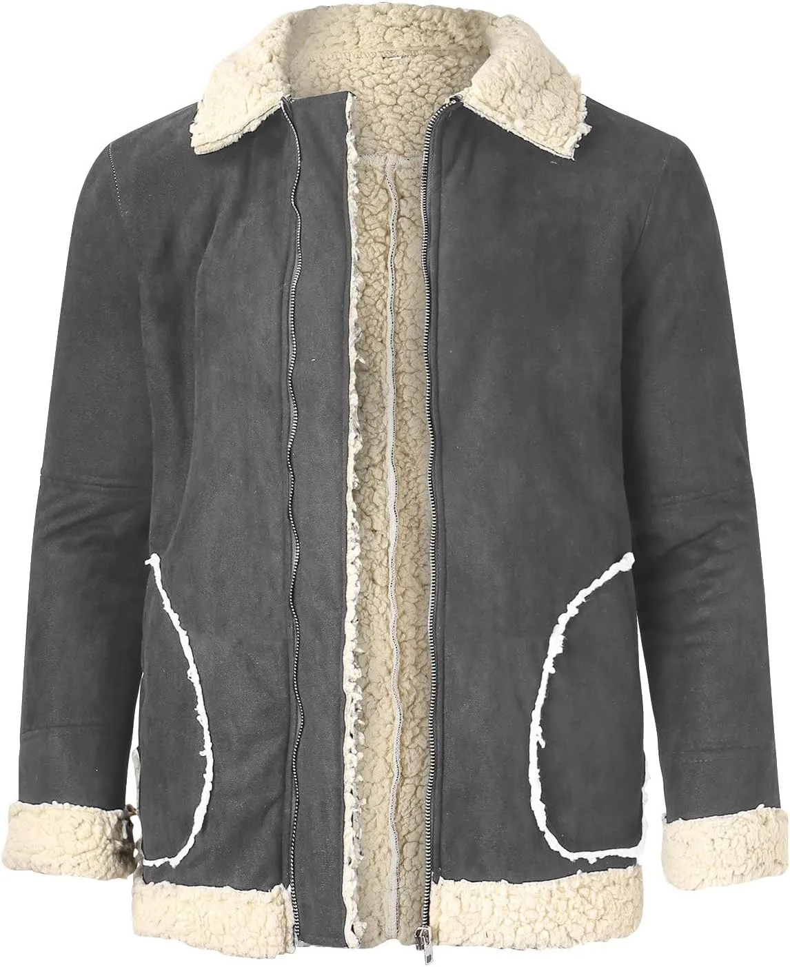 Mens Fleece Lined Jackets Retro Suede Bomber Jacket Zip Long Sleeve Warm Winter Overcoats Sherpa Faux Leather Trucker Jackets