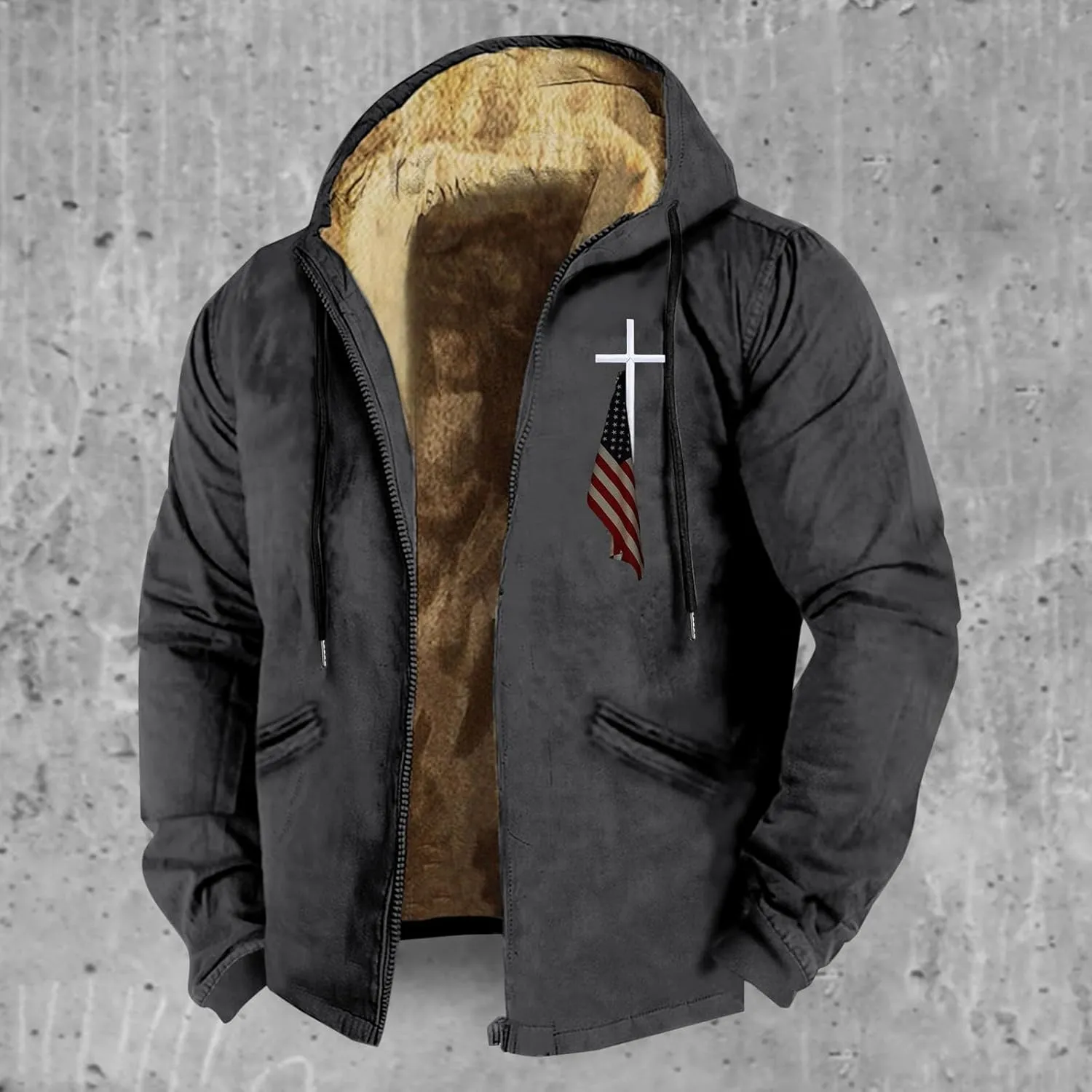 Mens Fleece Sherpa Lined Jackets Winter Tactical Thermal Hooded Coats Zip Casual Bomber Jacket Western Vintage Cowboy Outwear