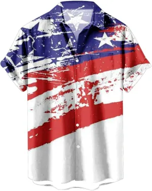 Mens Funky Hawaiian Bowling Shirts Beach Summer Button Down Independence Day USA Flag Printed Tropical Aloha Shirts