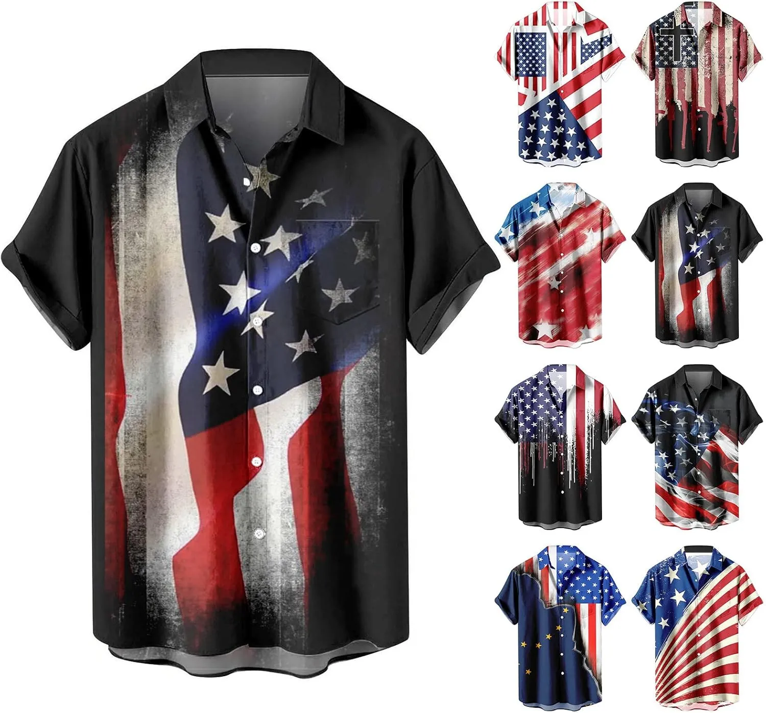 Mens Funky Hawaiian Bowling Shirts Beach Summer Button Down Independence Day USA Flag Printed Tropical Aloha Shirts