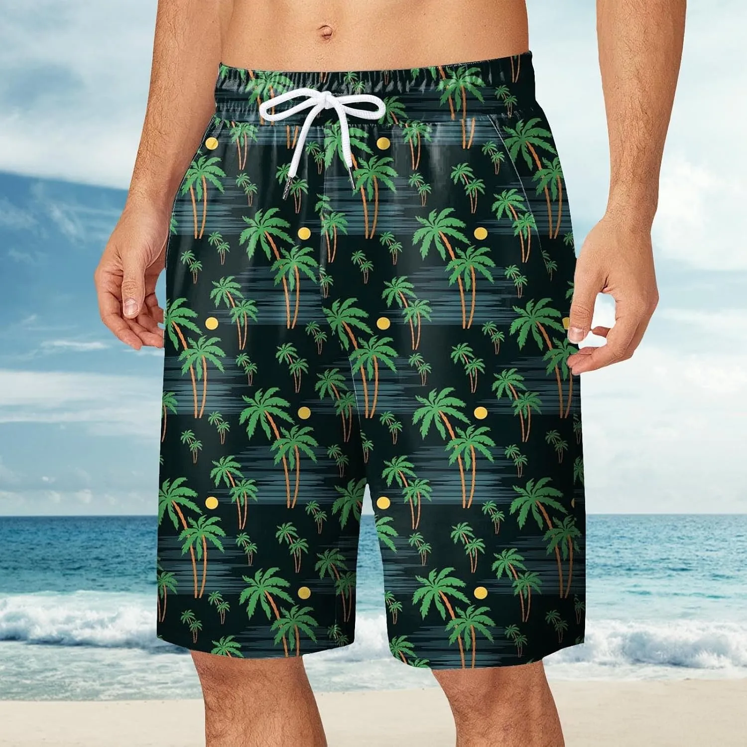 Mens Funny Hawaiian Shorts Summer Lightweight Elastic Drawstring 3D Printed Casual Capri Pants Outdoor Beach Traveling Shorts