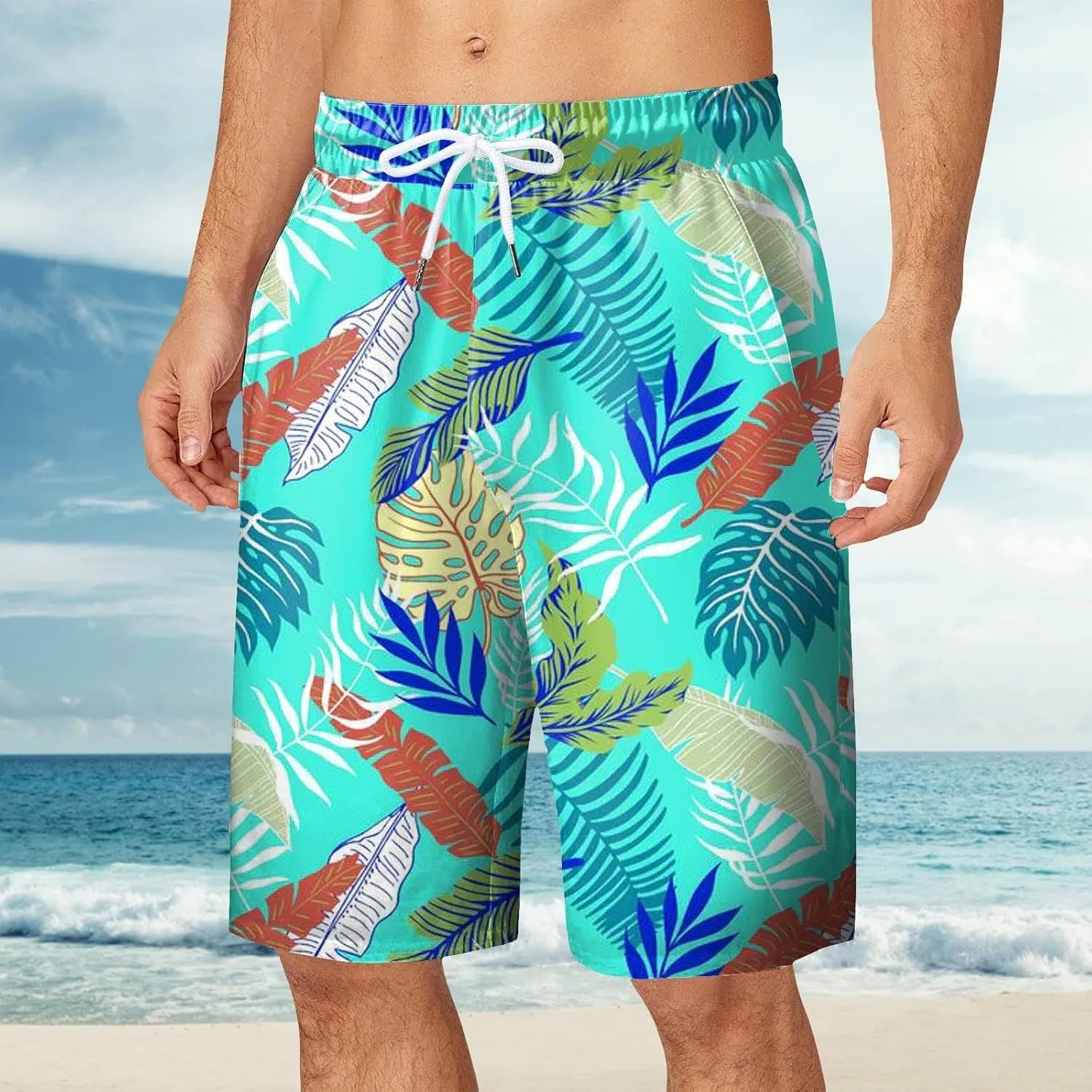 Mens Funny Hawaiian Shorts Summer Lightweight Elastic Drawstring 3D Printed Casual Capri Pants Outdoor Beach Traveling Shorts