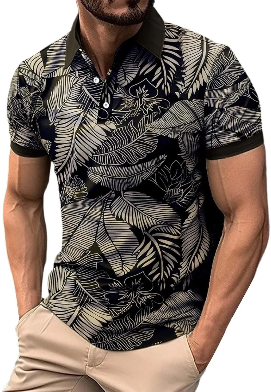 Men's Funny Printed Polo Shirts Moisture Wicking Performance Tops Workout Striped Shirt Color Block Fashion Golf Tee