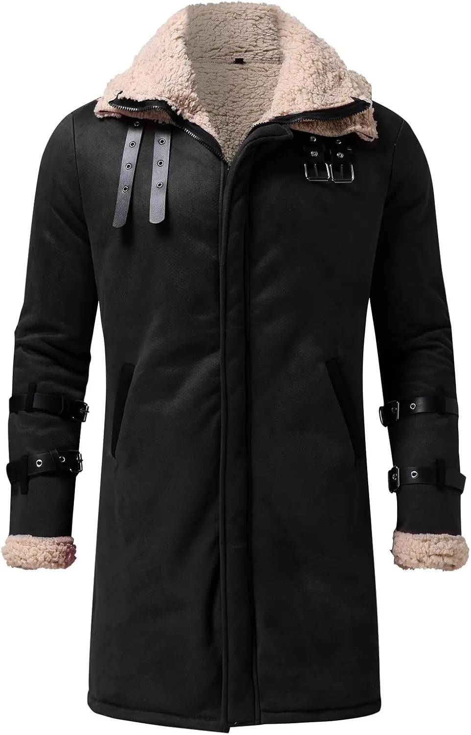 Mens Fuzzy Fleece Lined Faux Leather Jacket Big & Tall Parka with Fur Collar Winter Bomber Jacket Mid Length Overcoat