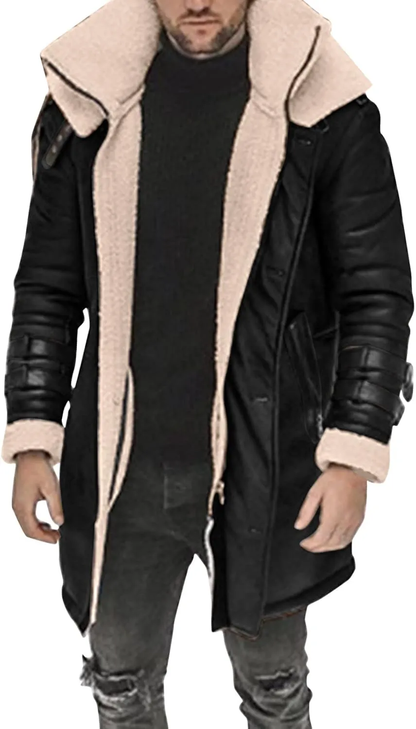 Mens Fuzzy Fleece Lined Faux Leather Jacket Big & Tall Parka with Fur Collar Winter Bomber Jacket Mid Length Overcoat
