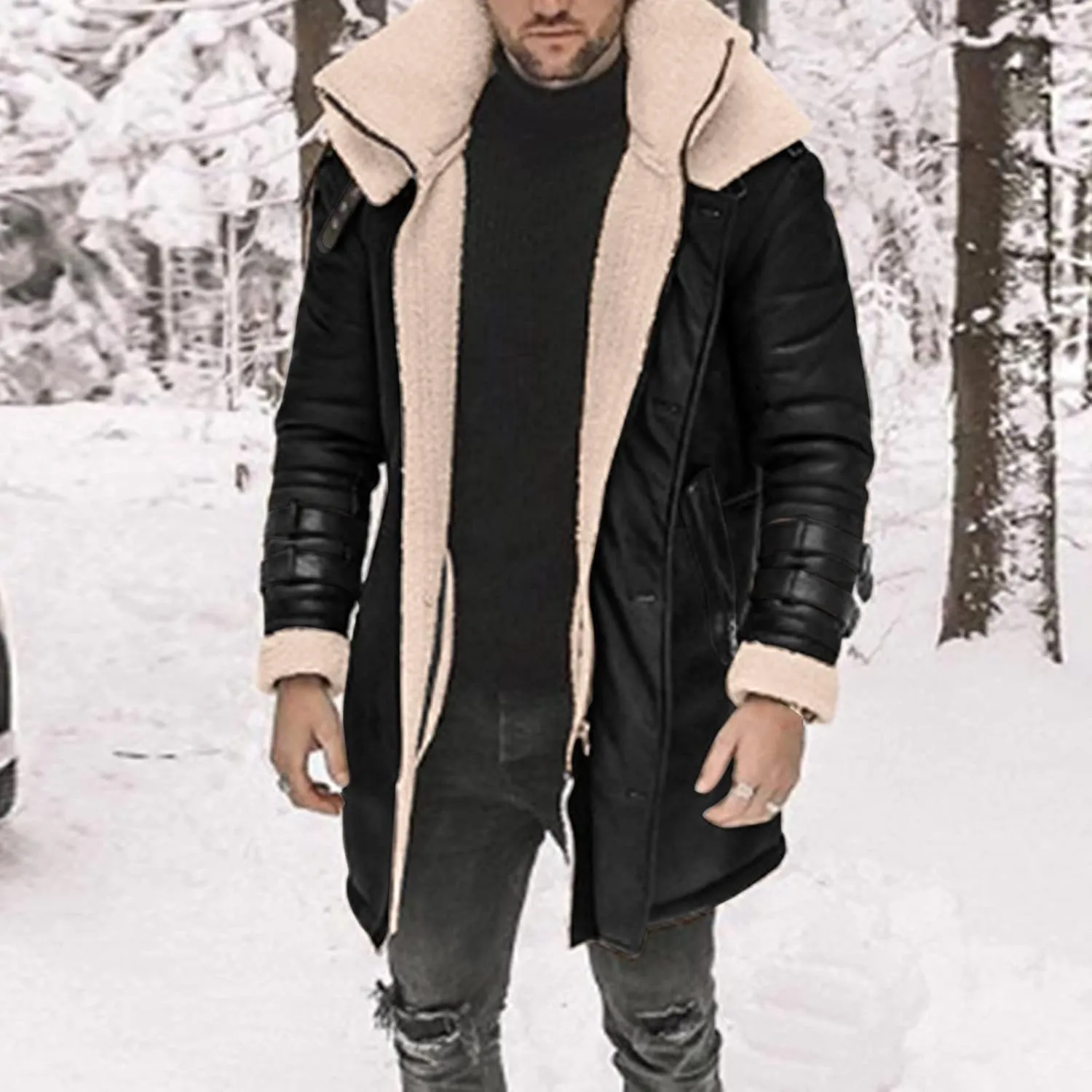 Mens Fuzzy Fleece Lined Faux Leather Jacket Big & Tall Parka with Fur Collar Winter Bomber Jacket Mid Length Overcoat