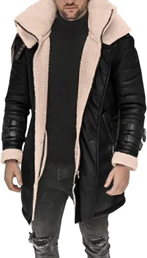 Mens Fuzzy Fleece Lined Faux Leather Jacket Big & Tall Parka with Fur Collar Winter Bomber Jacket Mid Length Overcoat