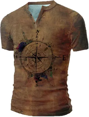 Mens Graphic T-Shirt Compass Rune Print Funny Tees for Men Summer Vintage Henley Tshirts Casual Athletic Retro Tops