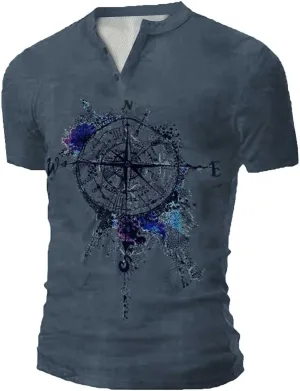 Mens Graphic T-Shirt Compass Rune Print Funny Tees for Men Summer Vintage Henley Tshirts Casual Athletic Retro Tops