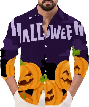 Mens Halloween Christmas Shirts Novetly Pumpkin Printed Long Sleeve Button Down Shirt Party Aloha Beach Hippie Tees