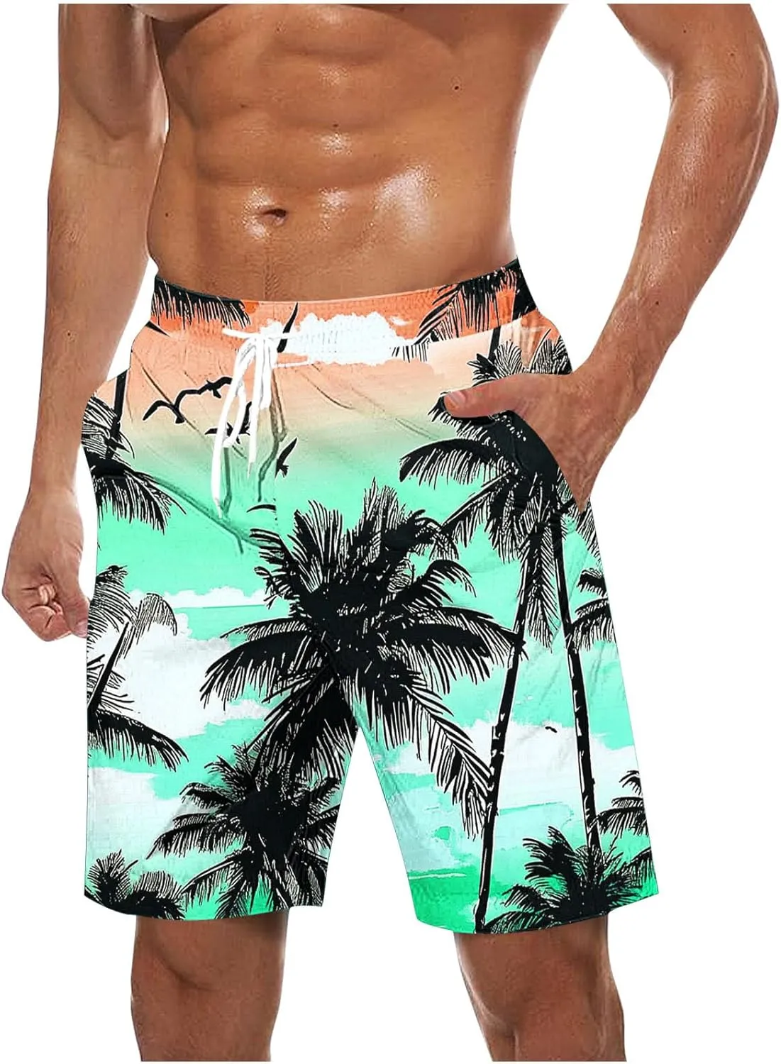 Men's Hawaiian Beach Shorts Elastic Waist Drawstring Stripe Print Shorts for Casual Swimmingshorts with Pockets