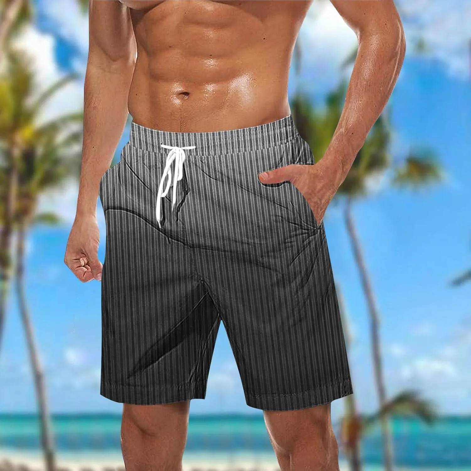 Men's Hawaiian Beach Shorts Elastic Waist Drawstring Stripe Print Shorts for Casual Swimmingshorts with Pockets