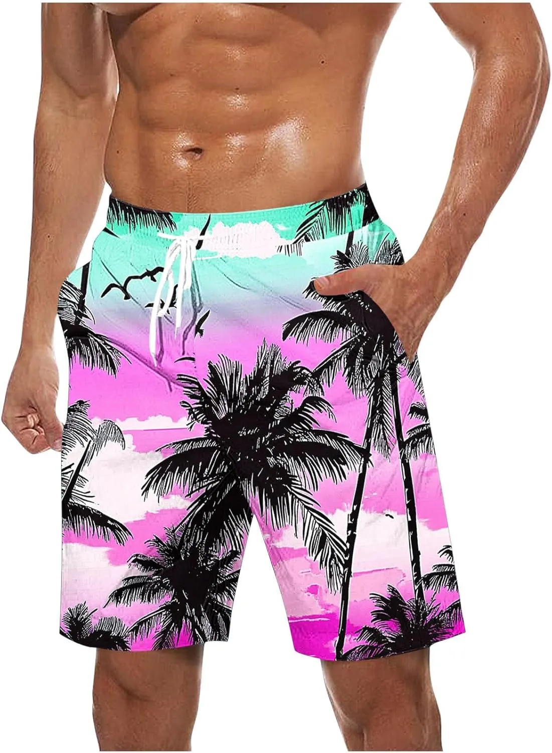 Men's Hawaiian Beach Shorts Elastic Waist Drawstring Stripe Print Shorts for Casual Swimmingshorts with Pockets