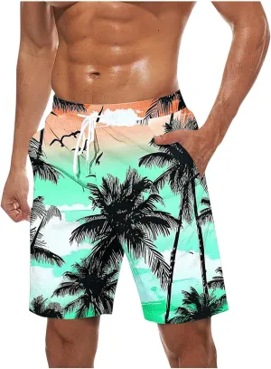 Men's Hawaiian Beach Shorts Elastic Waist Drawstring Stripe Print Shorts for Casual Swimmingshorts with Pockets