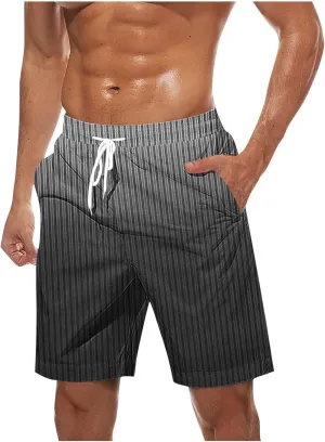 Men's Hawaiian Beach Shorts Elastic Waist Drawstring Stripe Print Shorts for Casual Swimmingshorts with Pockets