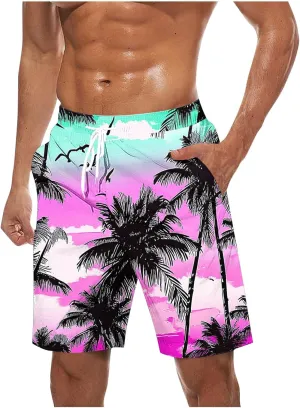 Men's Hawaiian Beach Shorts Elastic Waist Drawstring Stripe Print Shorts for Casual Swimmingshorts with Pockets