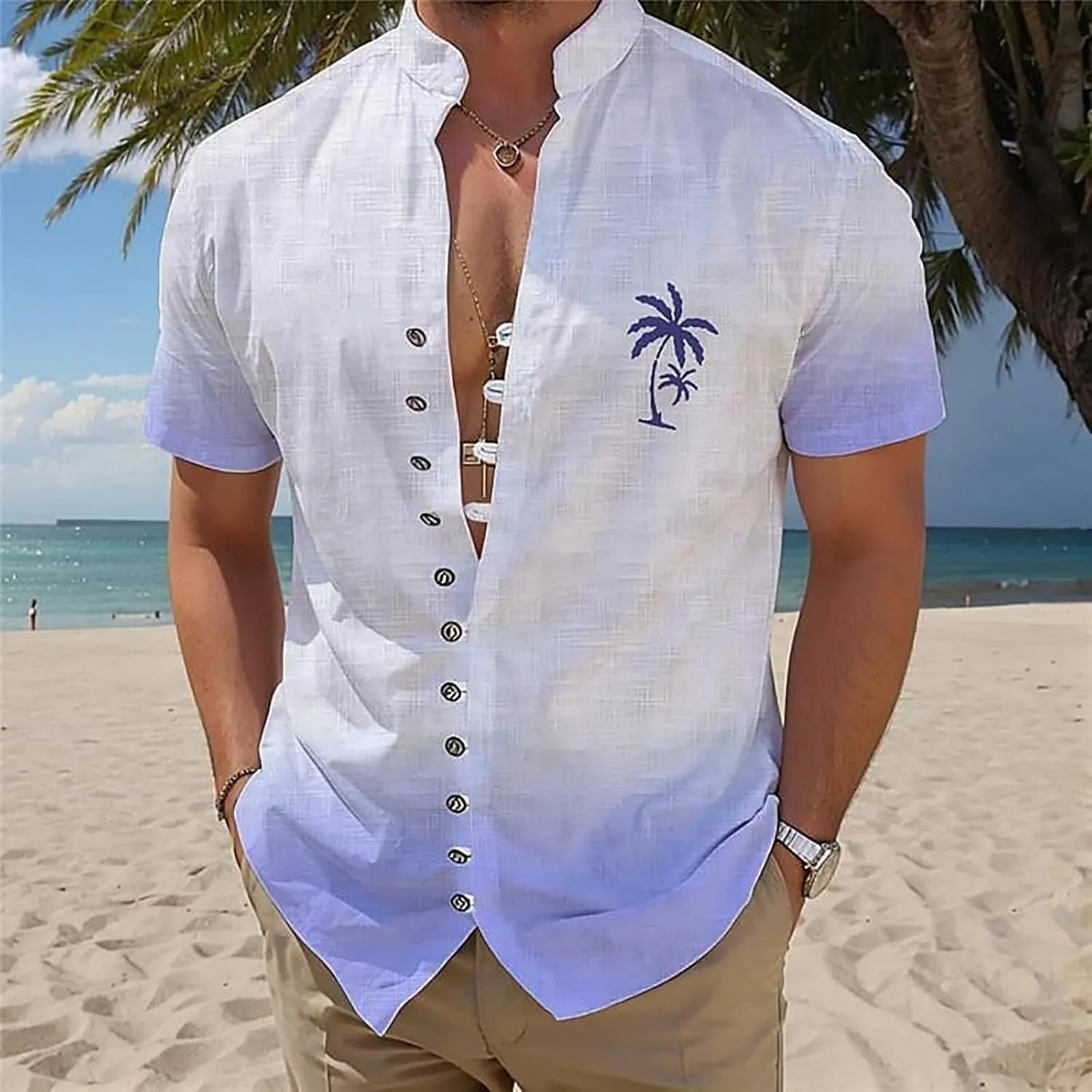 Men's Hawaiian Button Down Shirt Short Sleeve Stand Collar Tropical Print Top Stretch Casual Beachwear Summer Holiday Outfit