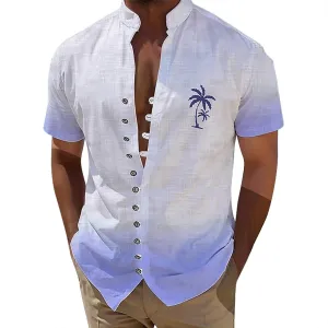 Men's Hawaiian Button Down Shirt Short Sleeve Stand Collar Tropical Print Top Stretch Casual Beachwear Summer Holiday Outfit
