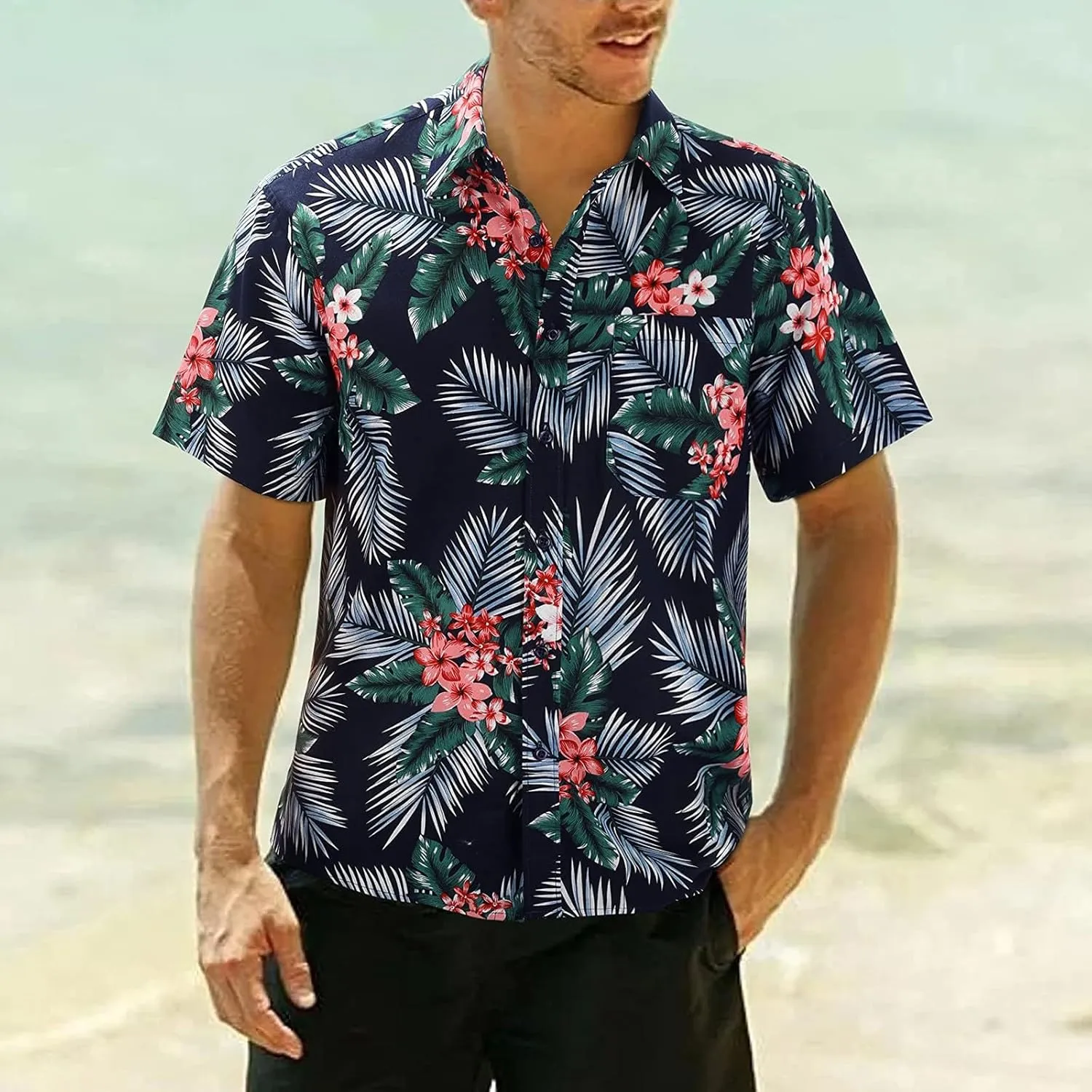 Mens Hawaiian Shirt Short Sleeves Tropical Floral Polo Shirts Casual Button Down Shirt Hawaiian Shirts for Men