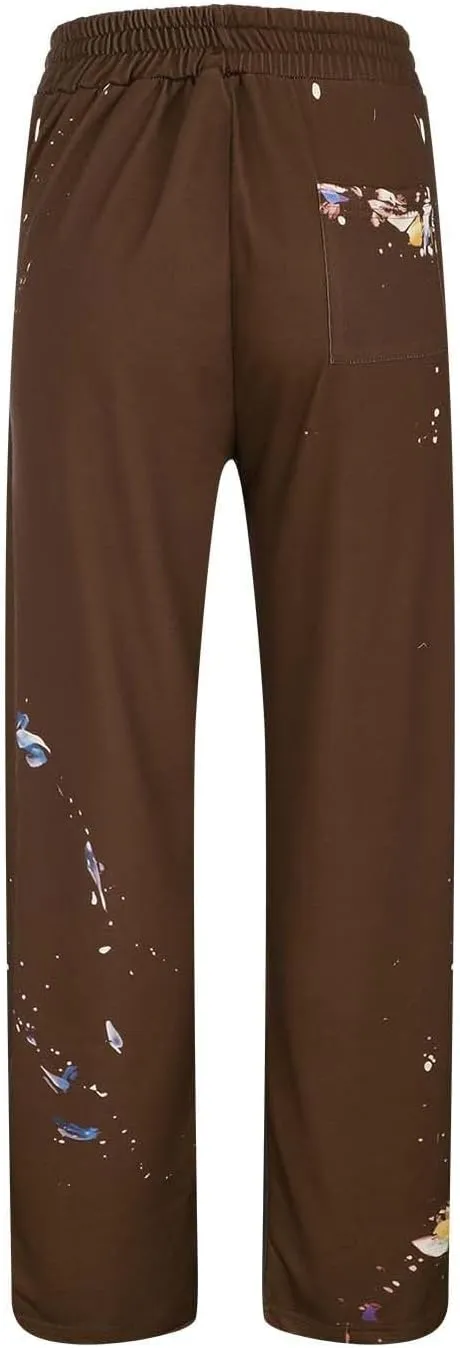 Mens Hip Hop Stacked Sweatpants Drawstring All Over Print Flared Bell Bottom Pants Y2K Patchwork Athletic Track Pants