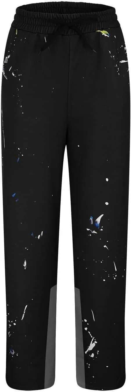 Mens Hip Hop Stacked Sweatpants Drawstring All Over Print Flared Bell Bottom Pants Y2K Patchwork Athletic Track Pants