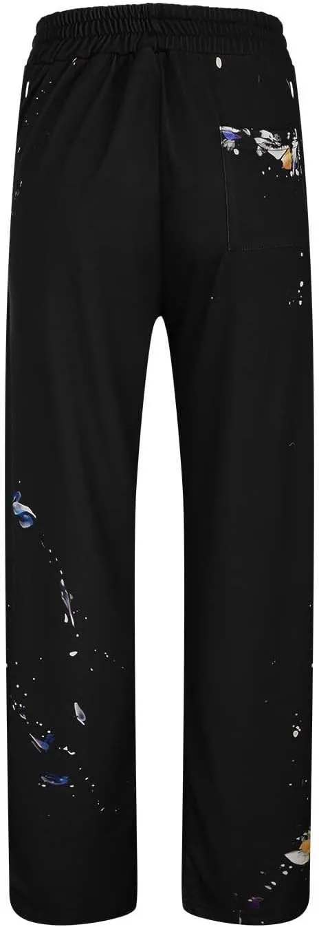 Mens Hip Hop Stacked Sweatpants Drawstring All Over Print Flared Bell Bottom Pants Y2K Patchwork Athletic Track Pants